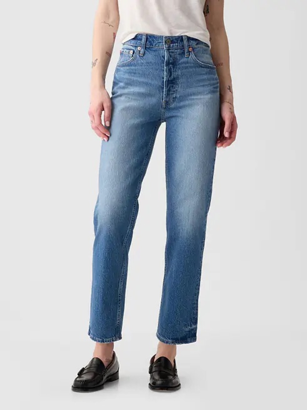 GAP Womenโs High Rise Cheeky Straight Blue Denim Jeans Sz 33